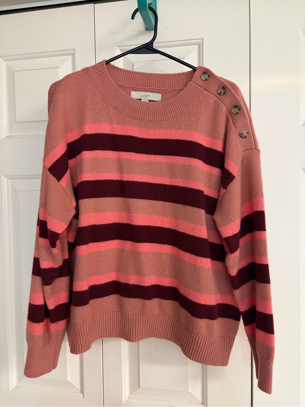 LOFT Pink, Dark Red and Coral Striped Crewneck Sweater with Shoulder Buttons